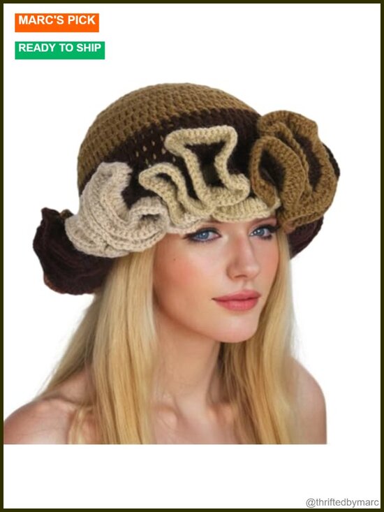 Handmade Knit Crochet Bucket Hat Side Ruffled Brim Women\'s Winter Sun
